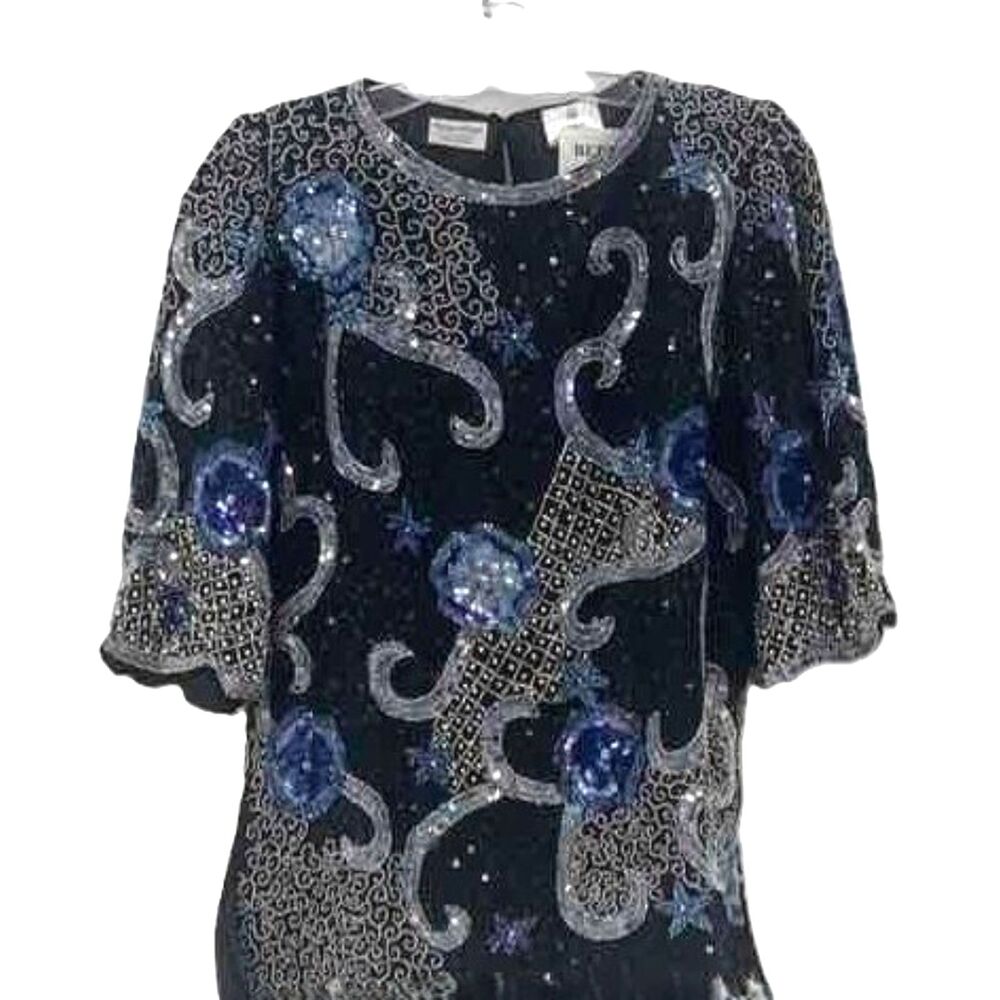 Women's Praise Hymn Black & Blue 100% Silk Top Size XS